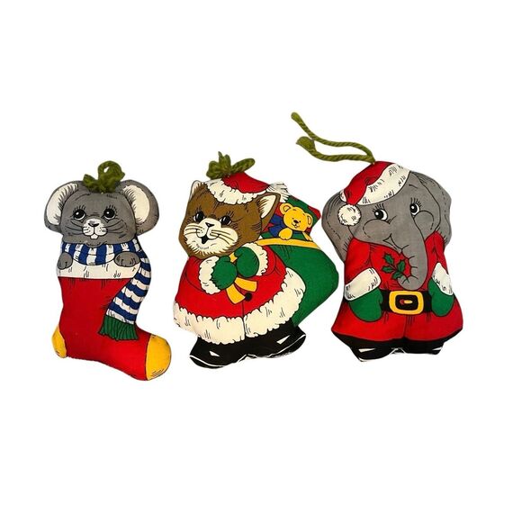 Vintage Set of 3 70s Animal Stuffed Handmade Kitchy Christmas Ornamants - Picture 2 of 4